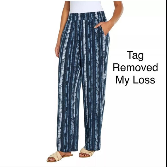 Three Dots Women's Navy Striped Elastic Pull On Pant with Pockets Medium NWOT - Picture 1 of 7